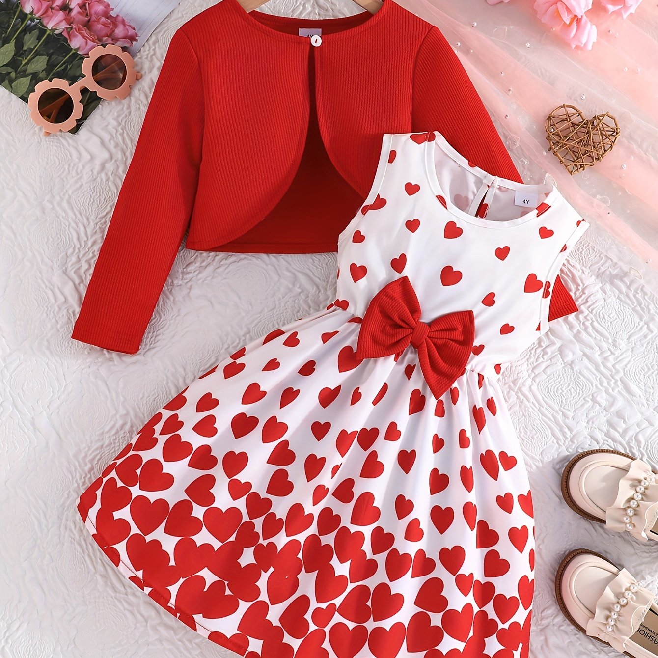 Romantic Cute 2pcs Long-sleeved Cardigan Jacket + Sleeveless Bow Sundress Set for Girls - Sweet Stylish Valentine's Day Outfit