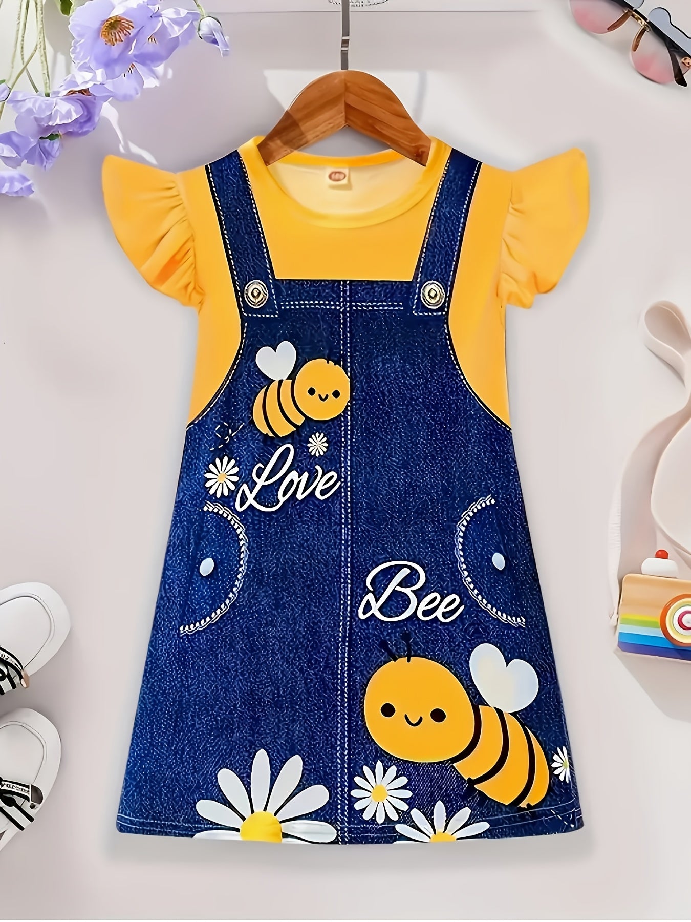 Adorable Girls' Summer Dress - Yellow Flying Sleeve Top with Cute Bee & Floral Print, Imitation Denim Casual Straight Skirt, Knee-Length, Easy-Care Polyester Blend, Two-piece, Digital Print