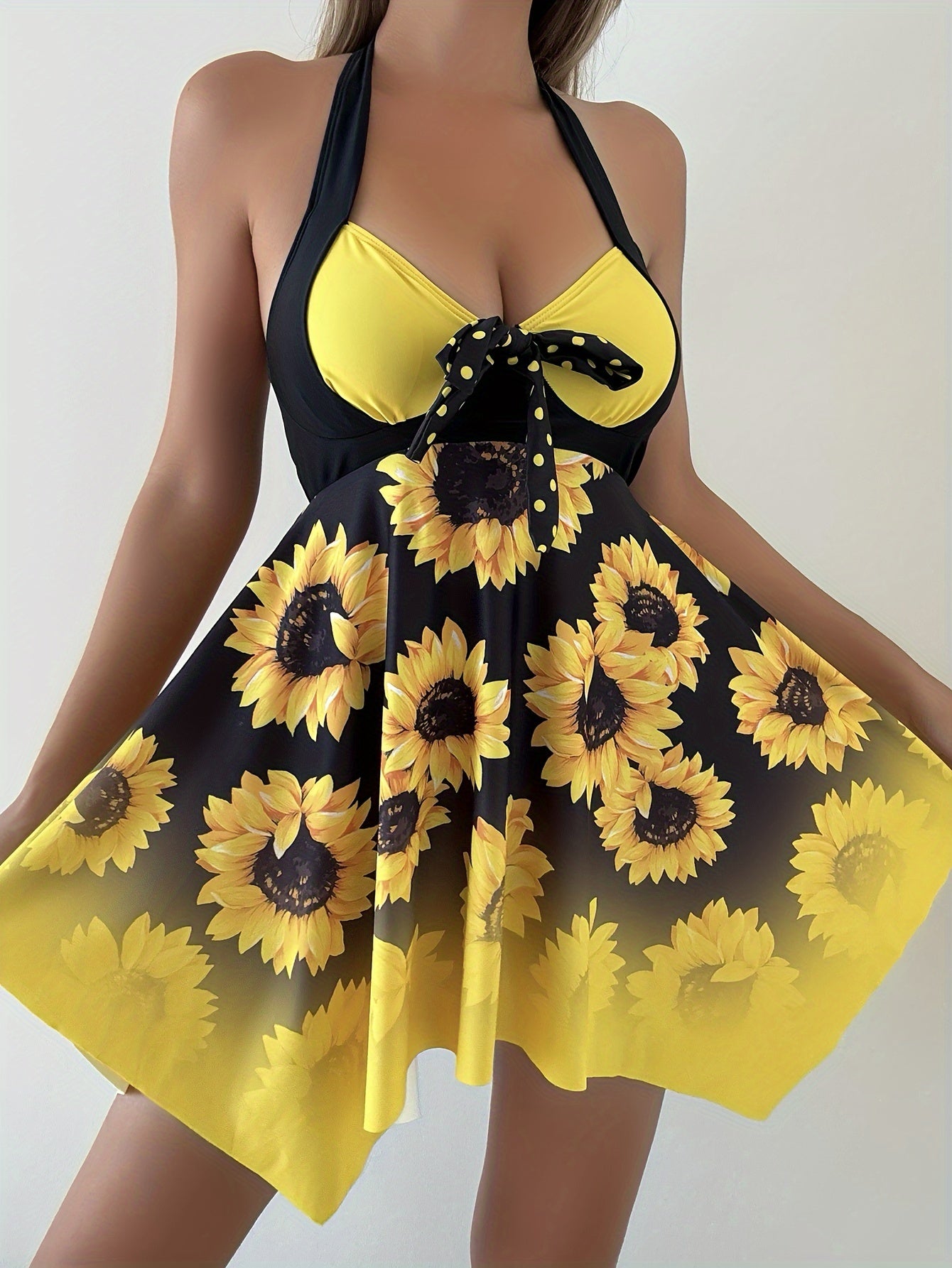 Women's 2 Piece Set Tankini, Sunflower Print And Bow Swim Dress, Dot Print Bottoms, Women's Swimwear & Clothing