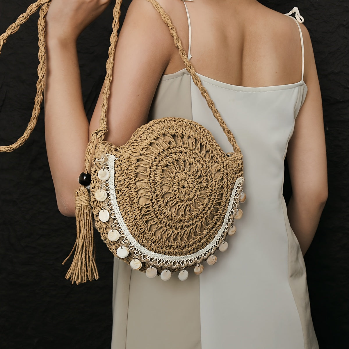 Boho-Chic Shell Woven Crossbody Bag - Light Brown Paper Straw Round Handbag with White Crochet Trim & Tassel Accents | Summer Beach Bag for Women, Perfect for Shopping, Vacation & Casual Outings | Stylish Gift for Teens, Coll