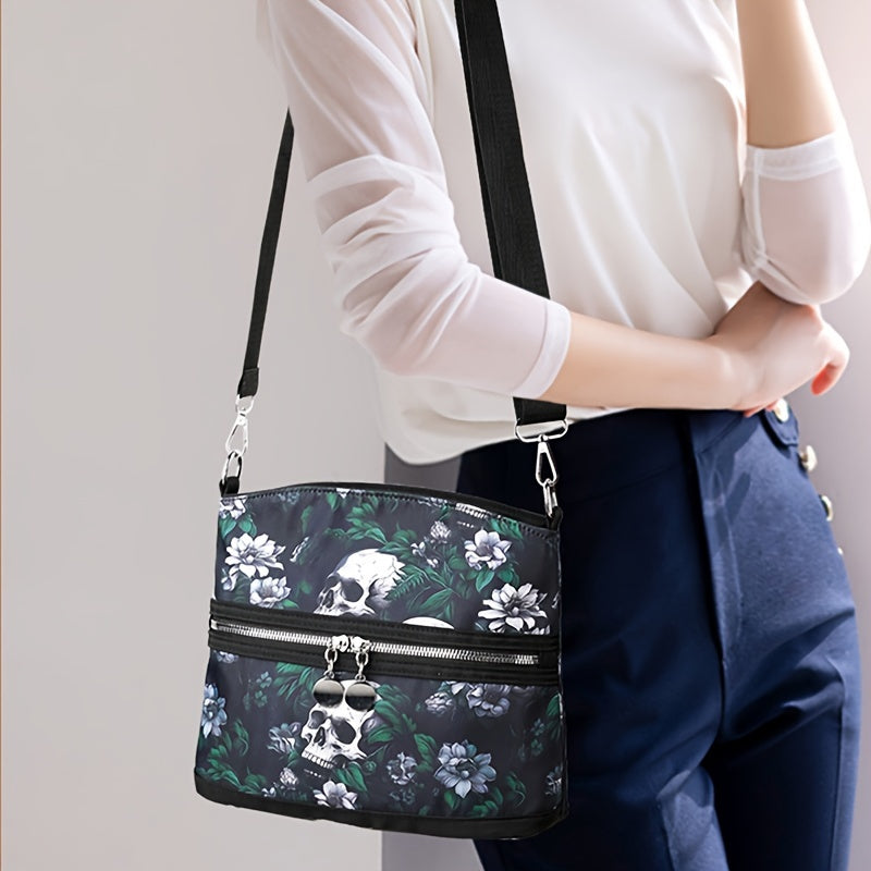 Vibrant Gothic Floral Skull Crossbody Bag - Women's Punk Style Shoulder Bag for Daily Commuter and Work with Adjustable Strap, Multi-Functional Travel Purse, Spacious Interior, and Stylish Design