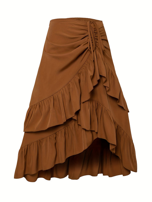 Elegant Ruffle Hem Drawstring Skirt in Solid Color, Polyester, Machine Washable - All Seasons, Fortune Attracting, Leaf Edge