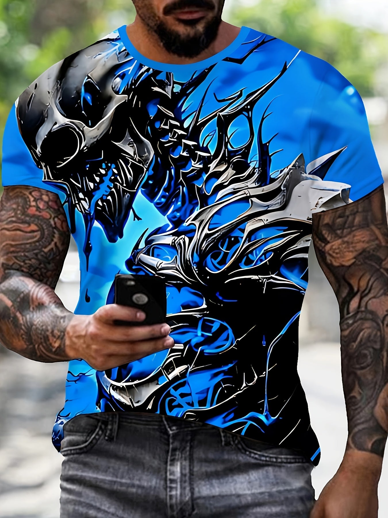 Men's 3D Skull Print T-Shirt, Casual Crew Neck Short Sleeve Tee, 100% Polyester Knit Fabric, Regular Fit Fashion Top