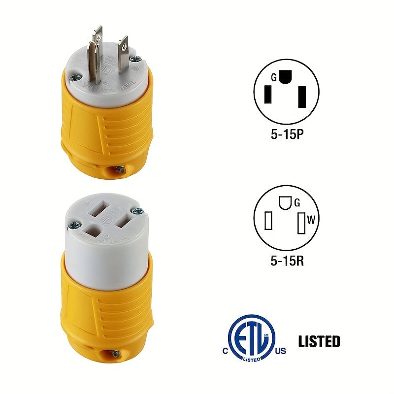 [5 Male and Female Connectors Set] Set of 1/3/5 Male And Female Connectors, American Industrial RV Replacement Plug Set NEMA 5-15R 15A 125V, Straight Connector, Yellow Color, Without Battery