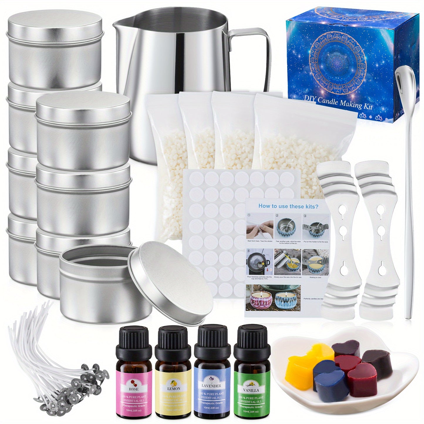 56pcs Deluxe DIY Candle Making Kit - Includes Silver Tins, Wax, Wicks, Essential Oil Fragrance Blocks, Pouring Pitcher & More Essentials - Perfect Craft Set for Beginners, Hobbyists & Creative Minds