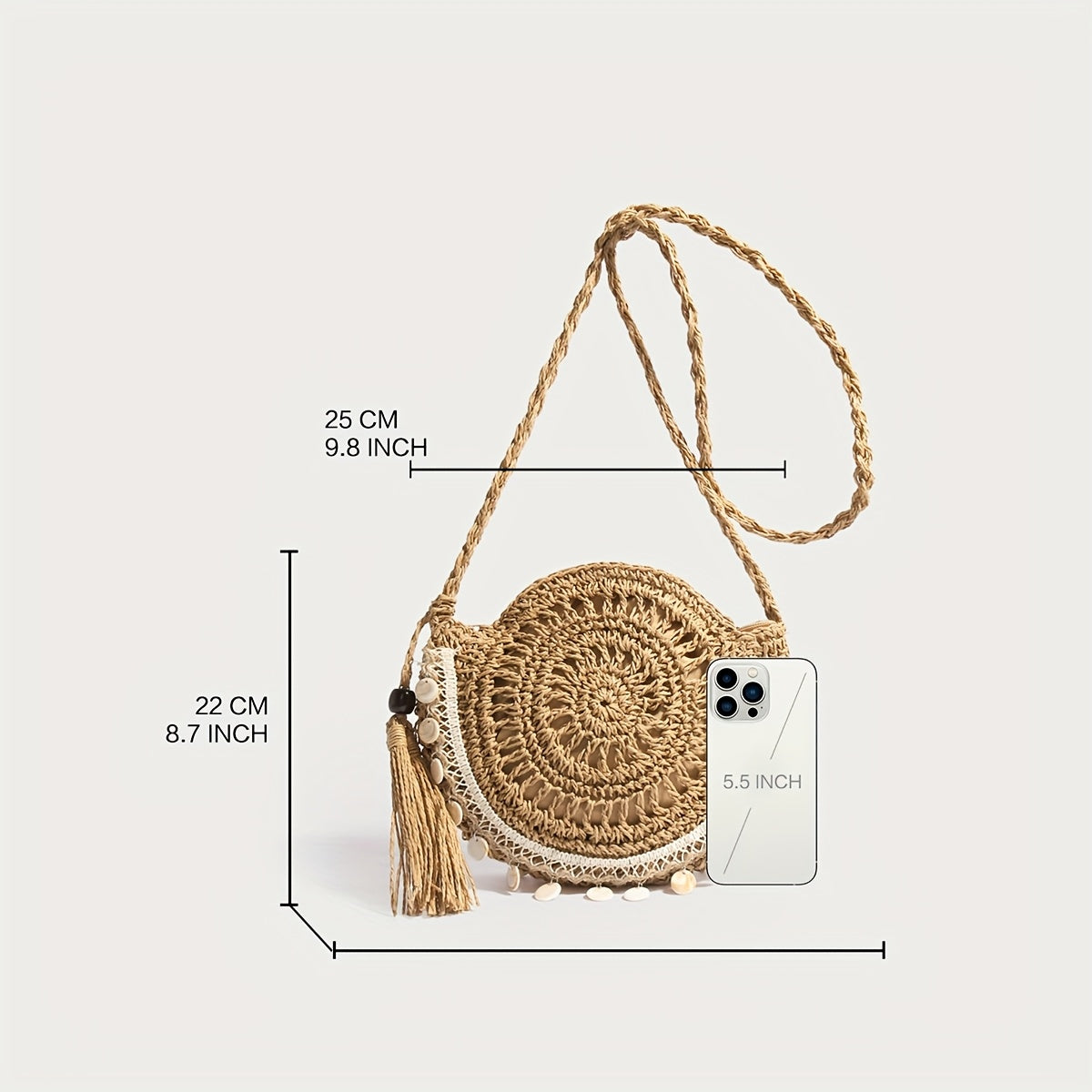 Boho-Chic Shell Woven Crossbody Bag - Light Brown Paper Straw Round Handbag with White Crochet Trim & Tassel Accents | Summer Beach Bag for Women, Perfect for Shopping, Vacation & Casual Outings | Stylish Gift for Teens, Coll