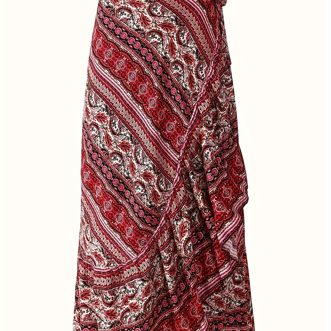 [Boho Print Maxi Skirt] High Waist Boho Print Maxi Skirt - Asymmetric Hem Side Wrap Long Skirt for Women