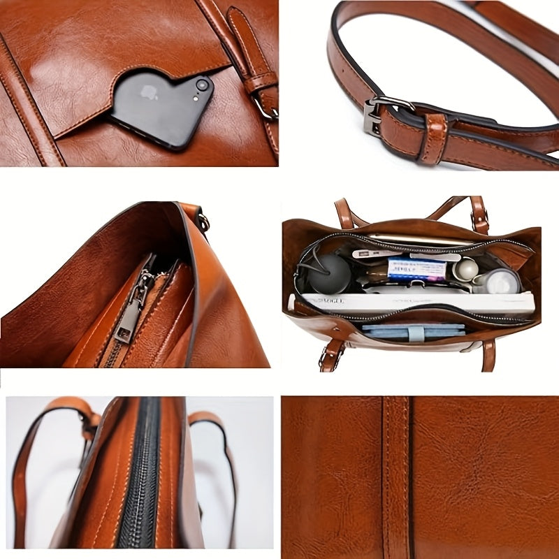 Elegant Brown Waxed Handbag for Women - Chic Single Shoulder Bag with Detachable Strap, Zip Closure & Polished Finish, Purse for Traveling, Ladies Handbag