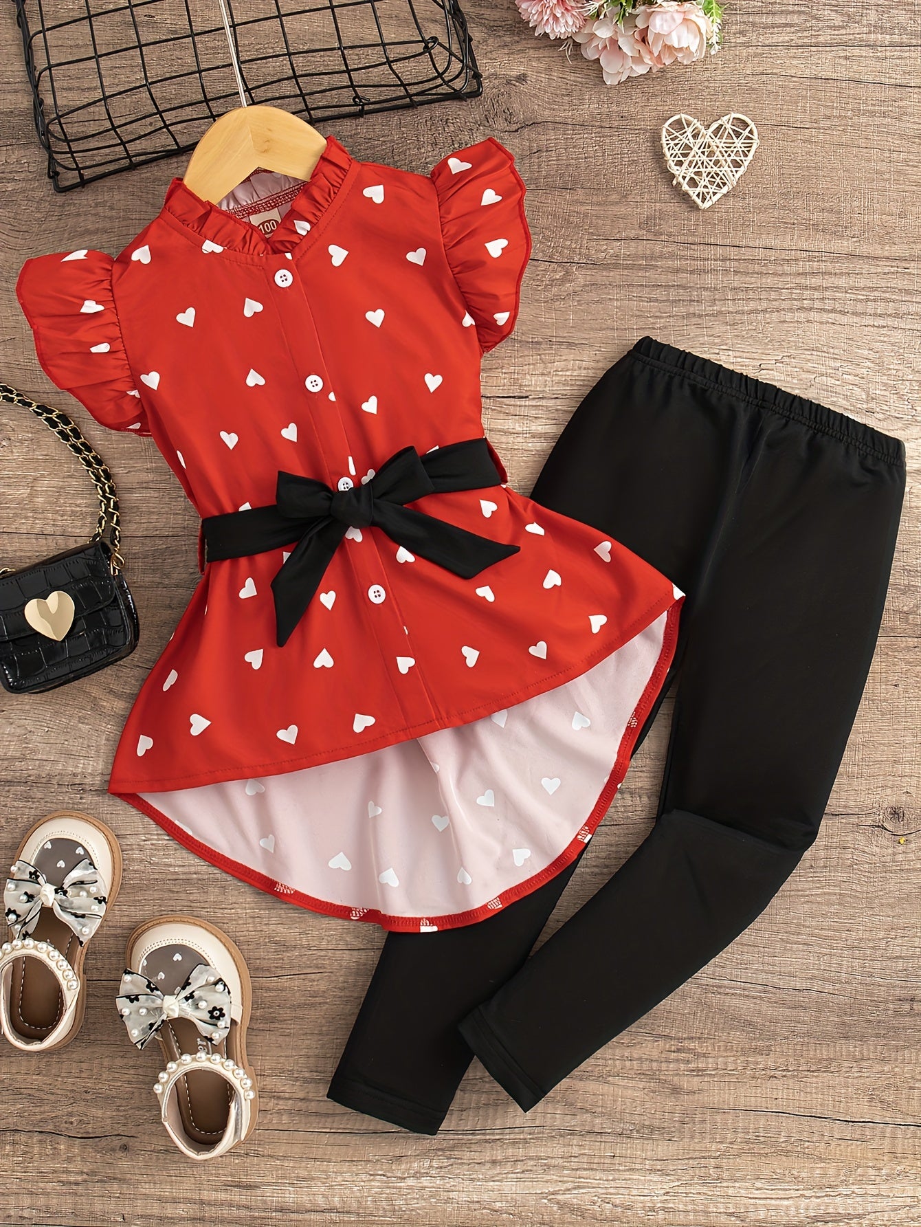 2pcs Girls Heart Graphic Ruffle Trim Top With Bow Belt + Solid Pants Set Summer Gift For Urban Wear Outdoor