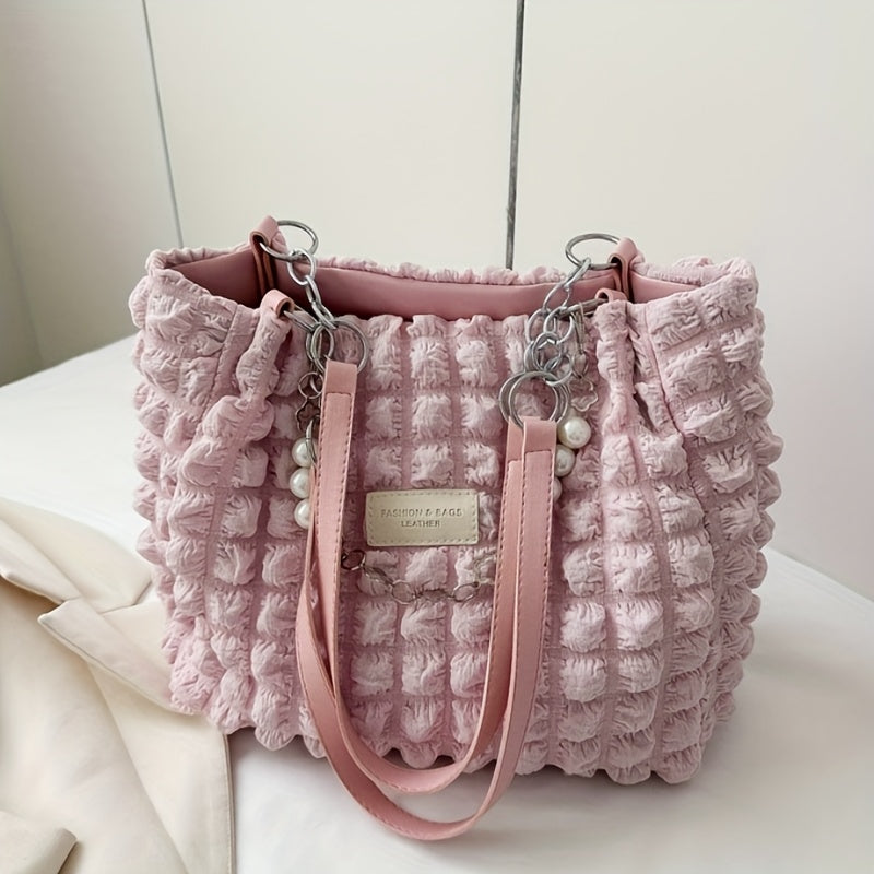 1pc Summer Sweet Clouds Tote Bag, Large Capacity Nylon Shoulder Bag for Women, Soft Handbag with Zipper Closure, 4 Colors (White/Pink/Green/Black), City Theme, Polyester Lining, Perfect for Commuting & Outings