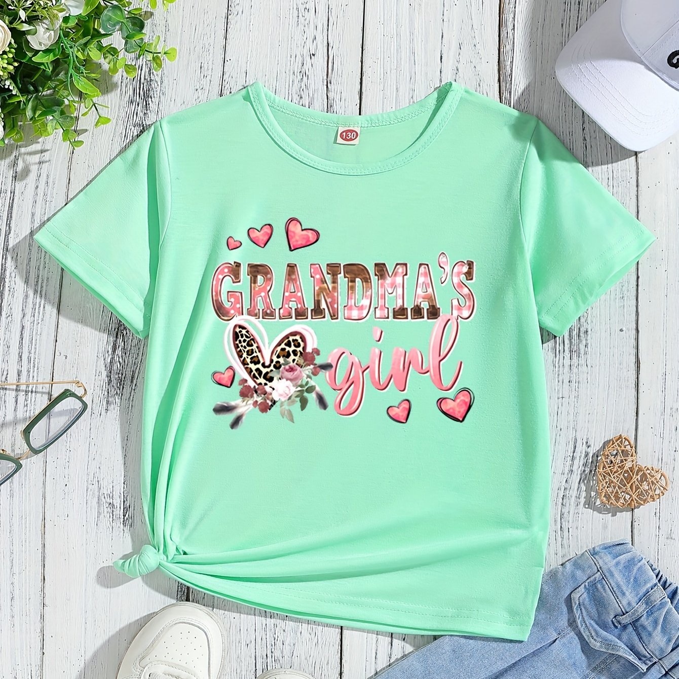 Adorable "Grandma's Girl" Pink T-Shirt for Girls - Soft & Stretchy Polyester Crew Neck Short Sleeve Tee with Heart & Butterfly Accents, Perfect for Summer, Girls Shirts