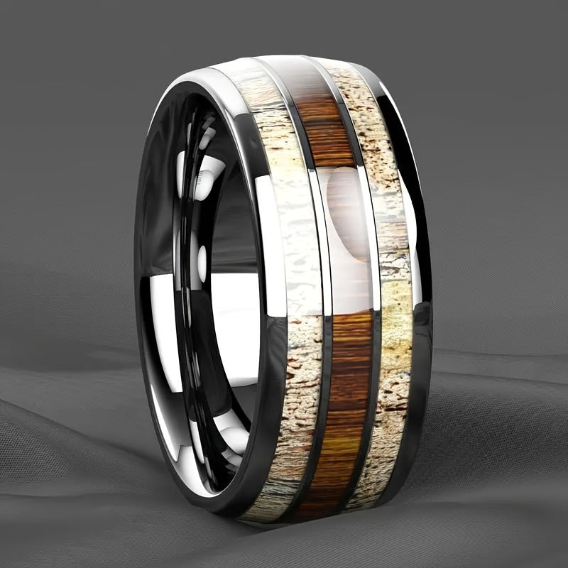 1pc Silvery-Toned Mens Stainless Steel Ring with Authentic Wood GrainInlay - Fashionable Engagement/Wedding Jewelry for Timeless Style