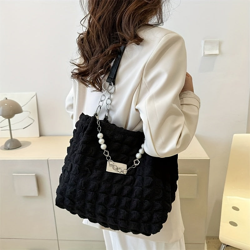 1pc Summer Sweet Clouds Tote Bag, Large Capacity Nylon Shoulder Bag for Women, Soft Handbag with Zipper Closure, 4 Colors (White/Pink/Green/Black), City Theme, Polyester Lining, Perfect for Commuting & Outings