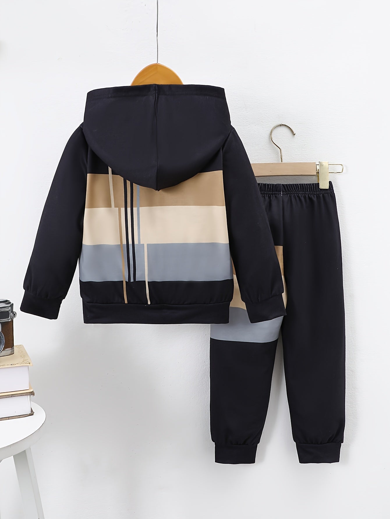 [Machine Washable] Boys' 2pcs Color Block Stripe Hoodie & Joggers Set | Comfortable, Casual | Machine Washable | Outdoor, Spring/Fall