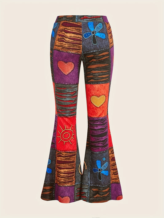 Patchwork Print Flare Leg Pants, Vintage High Waist Slim Pants For Spring & Fall, Women's Clothing