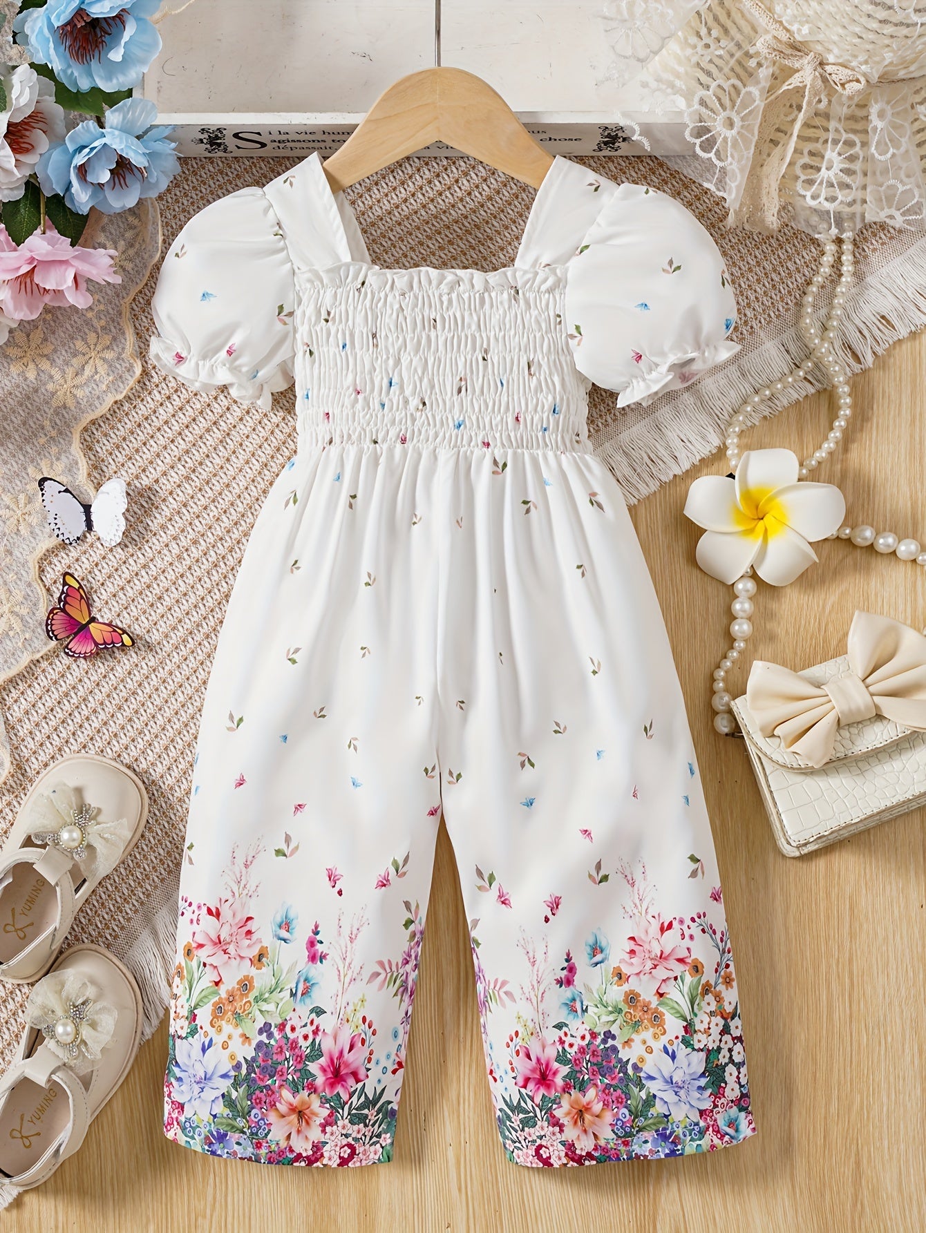 Baby's Flower Pattern Shirred Bodysuit, Casual Puff Sleeve Romper, Toddler & Infant Girl's Indoor And Outdoor Onesie For Spring Summer, As Gift