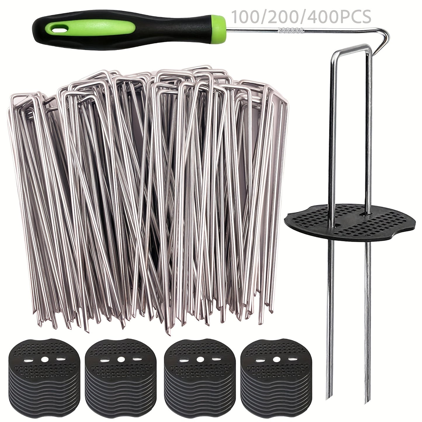 [Heavy Duty Garden Spikes] 1Set 100/200/400pcs Heavy Duty Galvanized 6 Inch U-Shaped Lawn Spikes Set, Garden Stakes 50 Lawn Fixing Spikes + 50 Washers (With 1 Toggle Hook), Ideal Tool For Fixing Turf, Fabrics & Securing Hallo