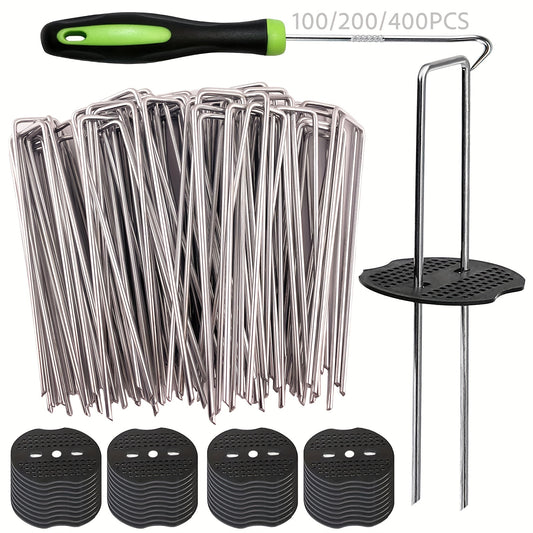 [Heavy Duty Garden Spikes] 1Set 100/200/400pcs Heavy Duty Galvanized 6 Inch U-Shaped Lawn Spikes Set, Garden Stakes 50 Lawn Fixing Spikes + 50 Washers (With 1 Toggle Hook), Ideal Tool For Fixing Turf, Fabrics & Securing Hallo