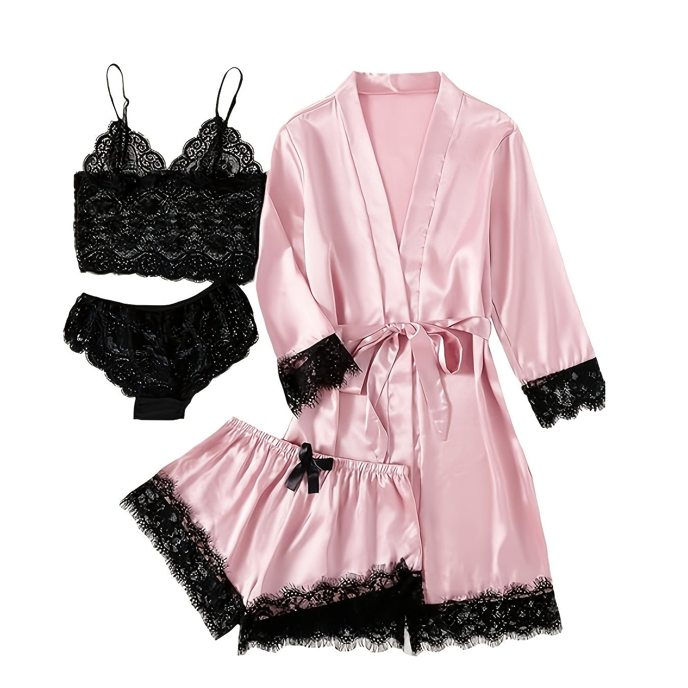 Women' Silk Satin Pajamas Set 4pcs Lingerie Floral Lace Cami Sleepwear with Robe Four-piece Pajamas Sexy Plus Size Robe Overall Dress Set Homewear