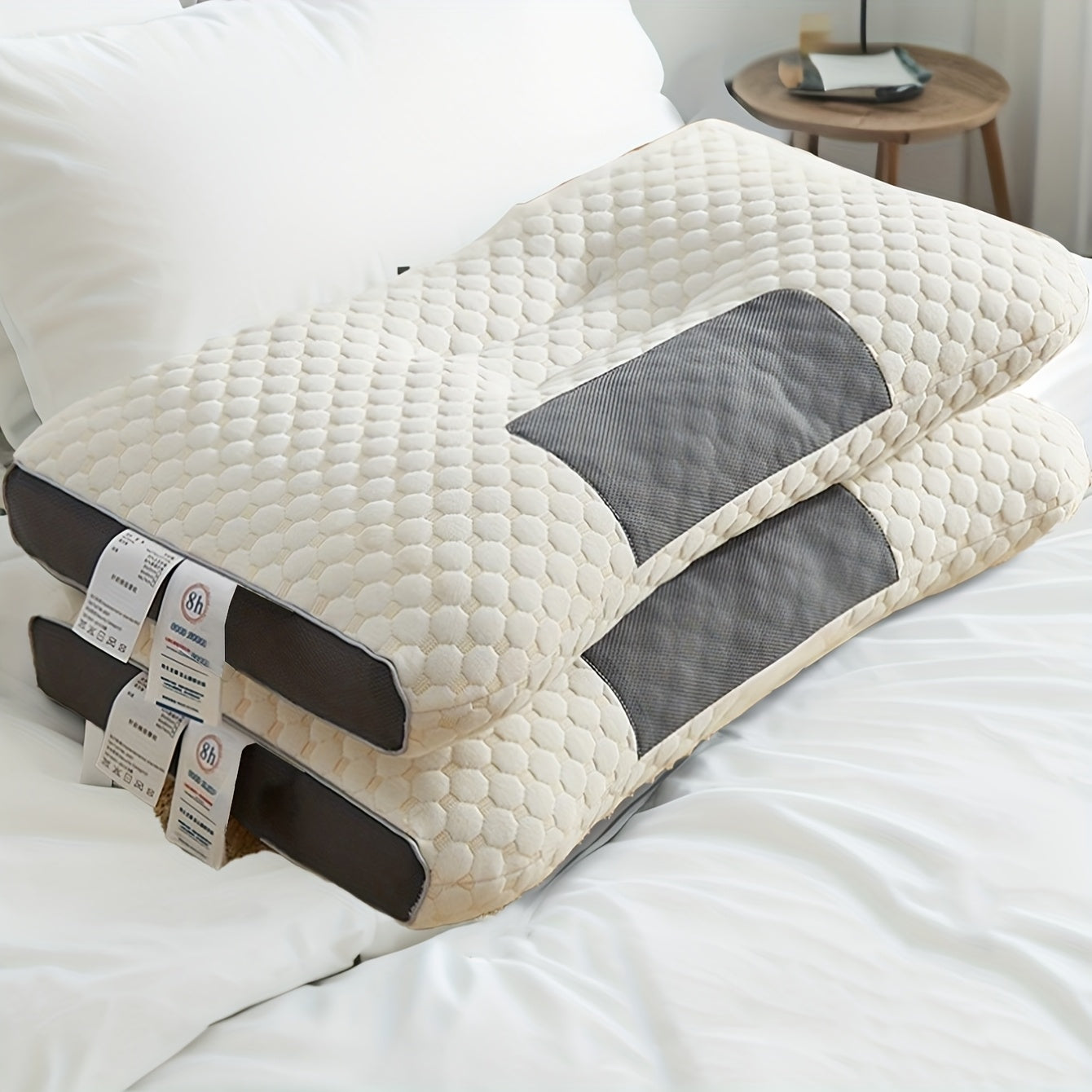 4/2/1pc Soft Adjustable Knitted Massage Pillow with Detachable Cover - Vacuum Compression Design, Ultrasound Embossed Bubble Mesh & Gel-Filled for Neck Relief, All-Season White Bed Pillow, Comfortable Sleep | Highquality Fabr