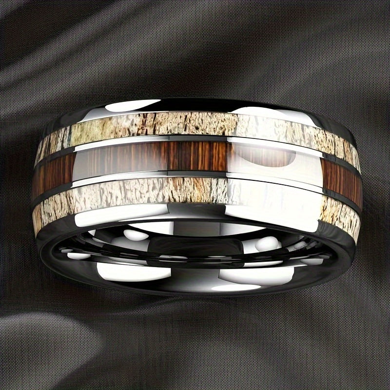 1pc Silvery-Toned Mens Stainless Steel Ring with Authentic Wood GrainInlay - Fashionable Engagement/Wedding Jewelry for Timeless Style