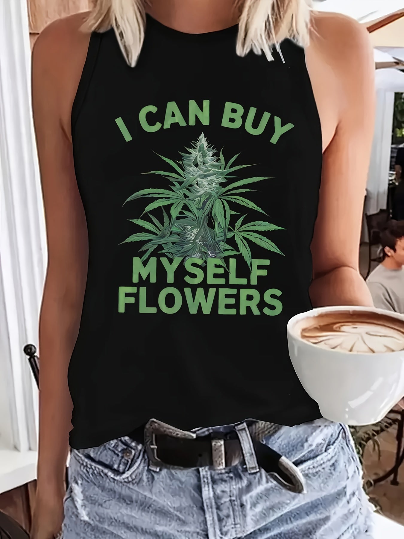 Women'S Casual Polyester Spandex Knit Fabric Crew Neck Tank Top, Regular Fit, with Cannabis Flower and Letter Print, for All Season Sleeveless Shirt