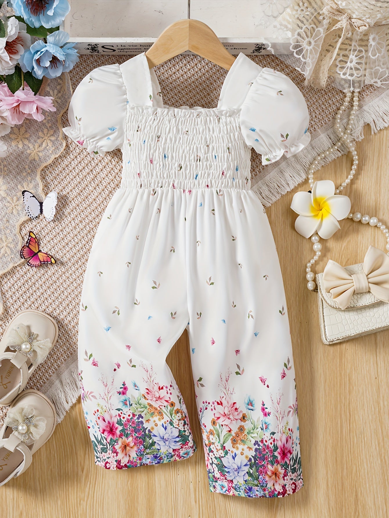 Baby's Flower Pattern Shirred Bodysuit, Casual Puff Sleeve Romper, Toddler & Infant Girl's Indoor And Outdoor Onesie For Spring Summer, As Gift