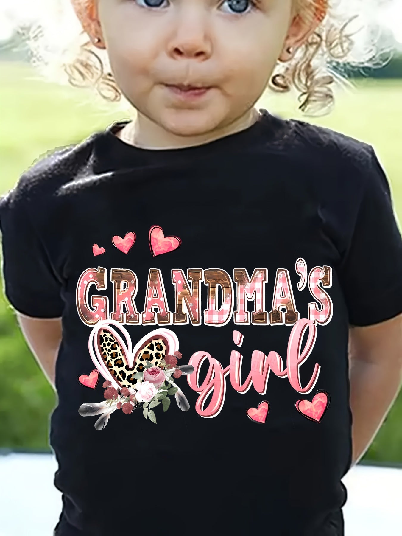 Adorable "Grandma's Girl" Pink T-Shirt for Girls - Soft & Stretchy Polyester Crew Neck Short Sleeve Tee with Heart & Butterfly Accents, Perfect for Summer, Girls Shirts