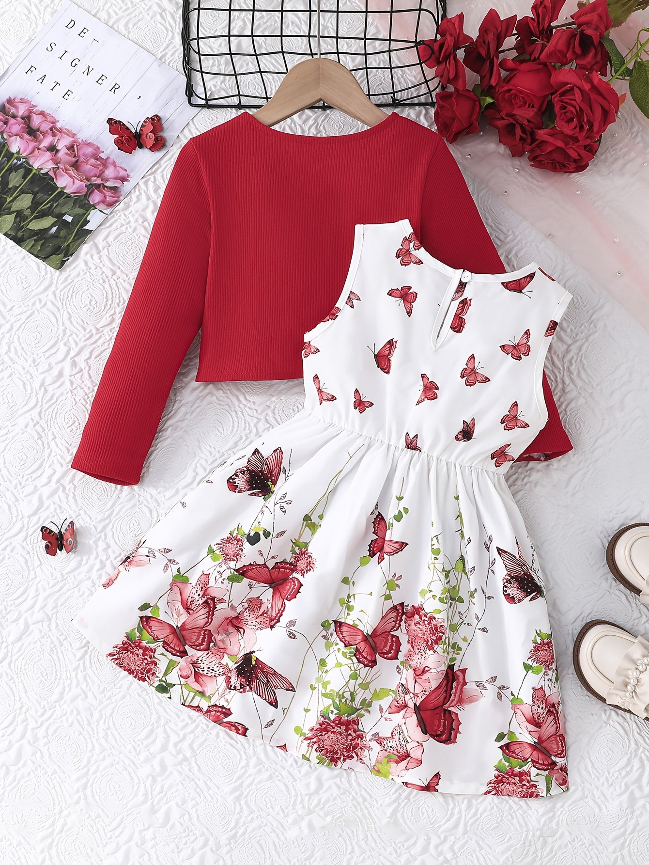 Romantic Cute 2pcs Long-sleeved Cardigan Jacket + Sleeveless Bow Sundress Set for Girls - Sweet Stylish Valentine's Day Outfit