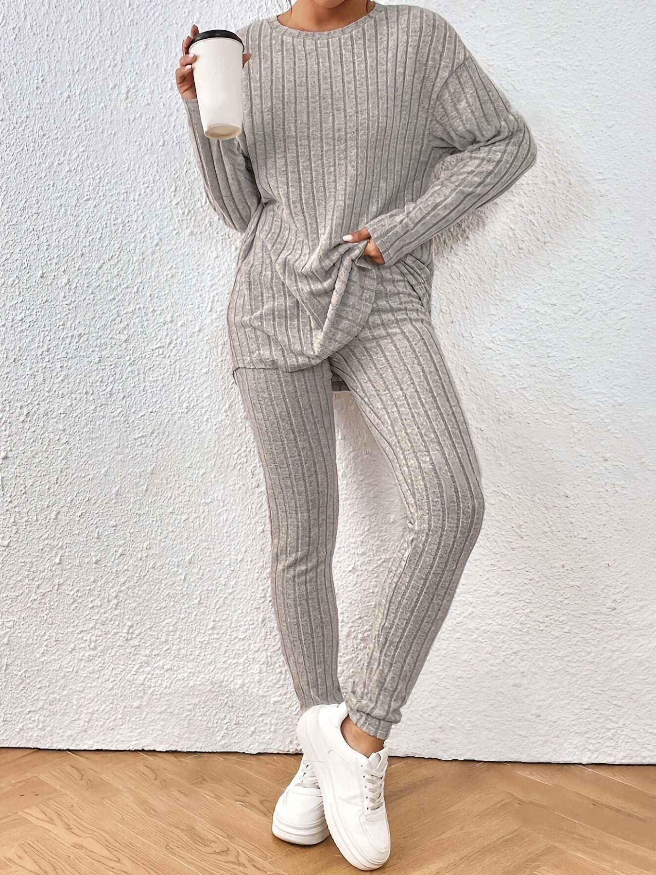 Women'S Fall/Winter Knit Pajama Set, Solid Color Polyester 100% Long Sleeve Crew Neck Loose Fit Vacation Style Pullovers with Pants, Comfortable V-Neck Lounge Suit