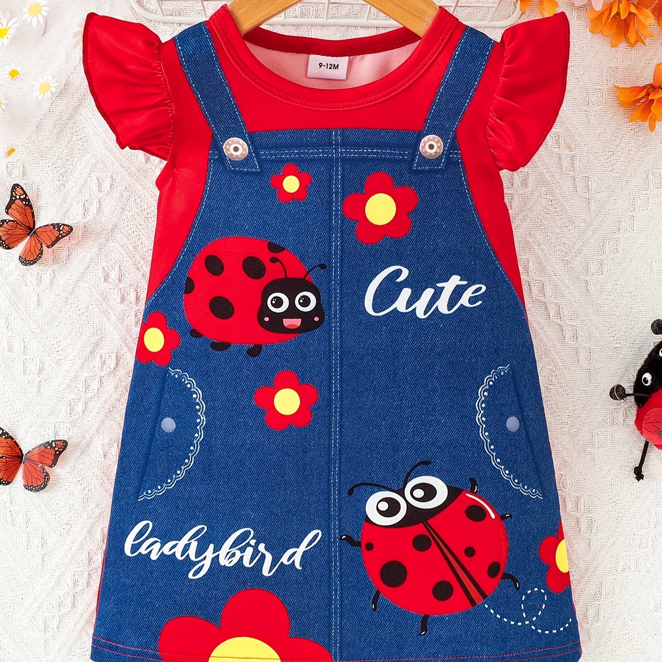 Girls' Casual Floral and Insect Print Dress - Polyester and Elastane, Machine Washable, Spring/Autumn