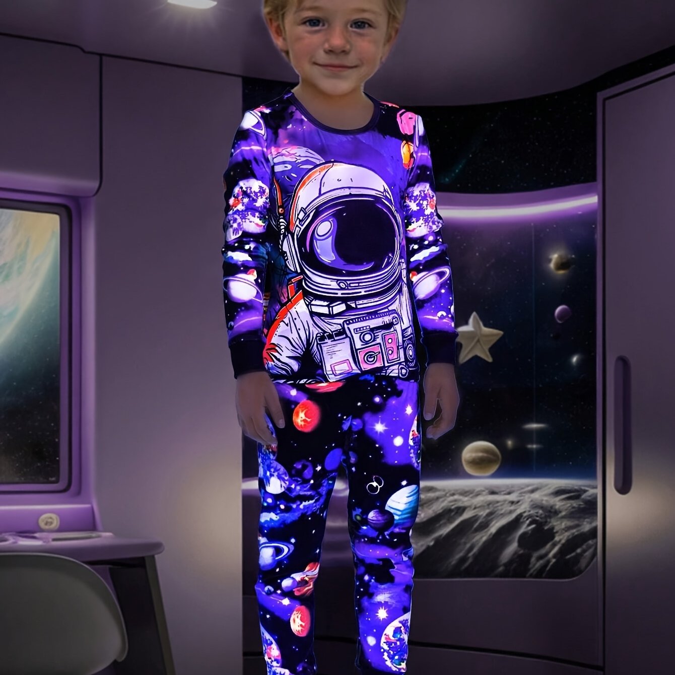 1615 Flame Retardant Men's Youngsters's Luminous Astronaut Print Long Sleeve Long Pants Home Clothes Two-piece Set