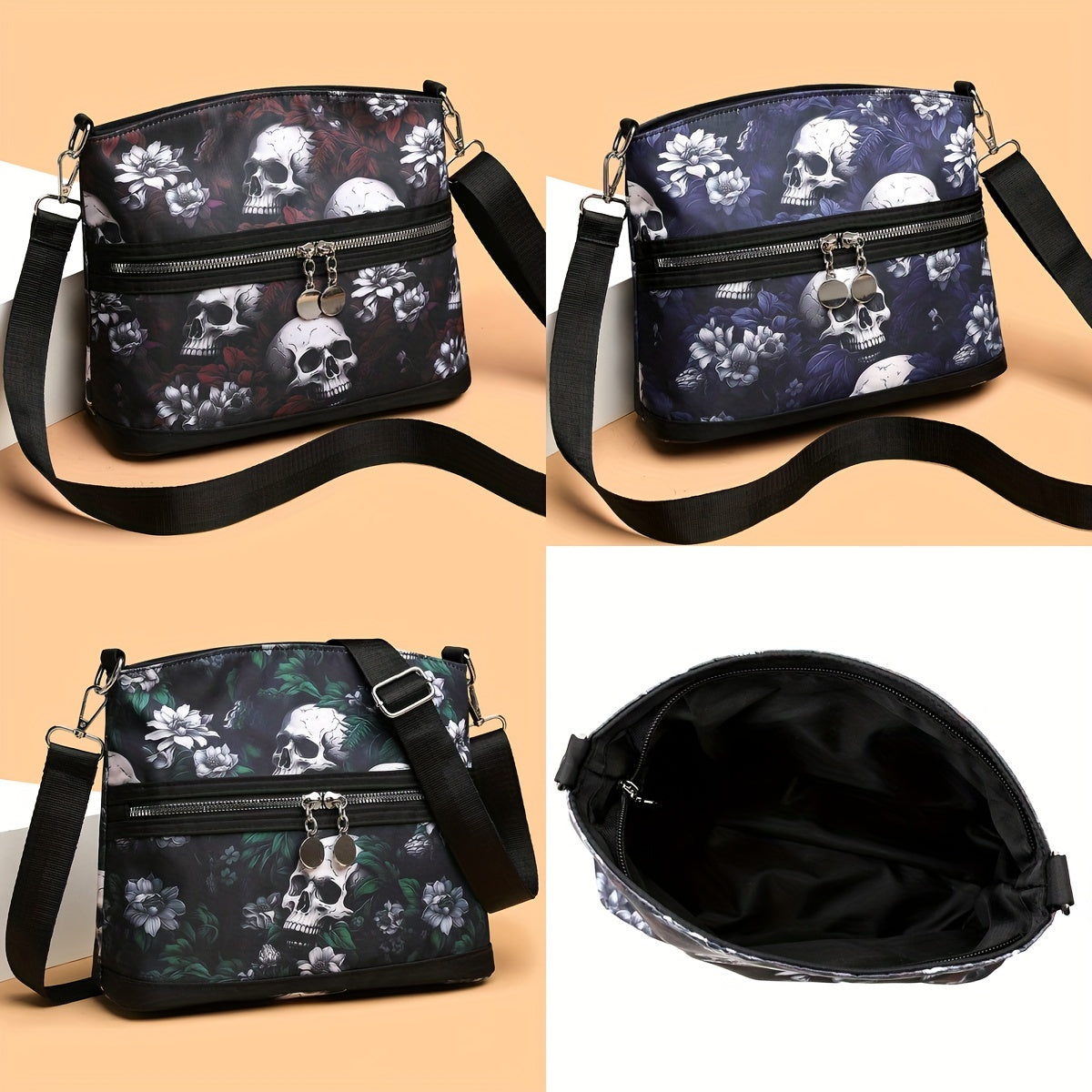 Vibrant Gothic Floral Skull Crossbody Bag - Women's Punk Style Shoulder Bag for Daily Commuter and Work with Adjustable Strap, Multi-Functional Travel Purse, Spacious Interior, and Stylish Design