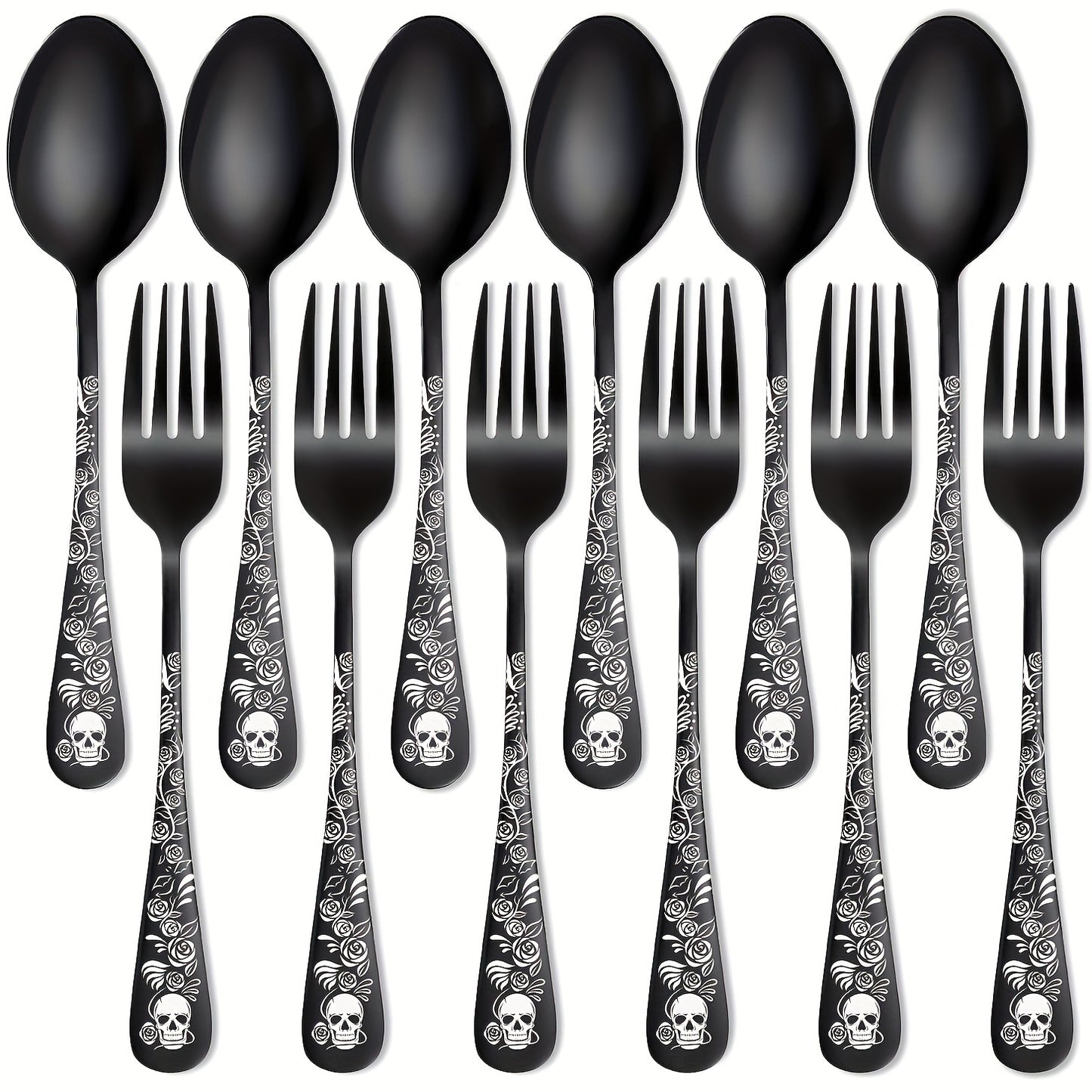 [6/8/12pcs Durable Steel Flatware Set] Gothic Black Skull and Rose Design Stainless Steel Flatware Set, 6/8/12pcs, Steel Cutlery Set for Halloween, Christmas, Easter, Thanksgiving - Durable Steel Spoons and Forks for Dessert