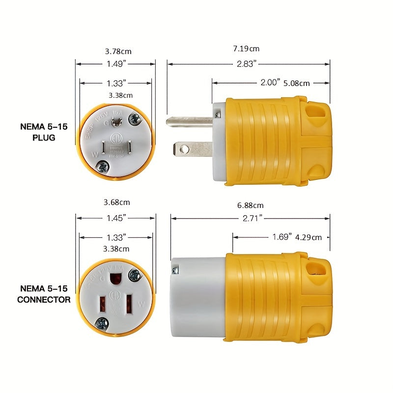 [5 Male and Female Connectors Set] Set of 1/3/5 Male And Female Connectors, American Industrial RV Replacement Plug Set NEMA 5-15R 15A 125V, Straight Connector, Yellow Color, Without Battery