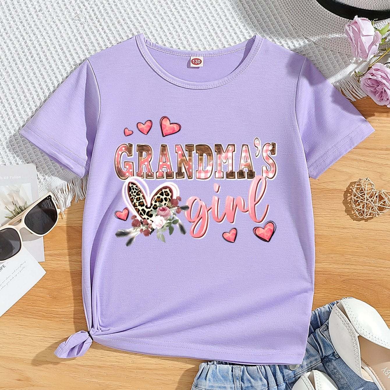 Adorable "Grandma's Girl" Pink T-Shirt for Girls - Soft & Stretchy Polyester Crew Neck Short Sleeve Tee with Heart & Butterfly Accents, Perfect for Summer, Girls Shirts