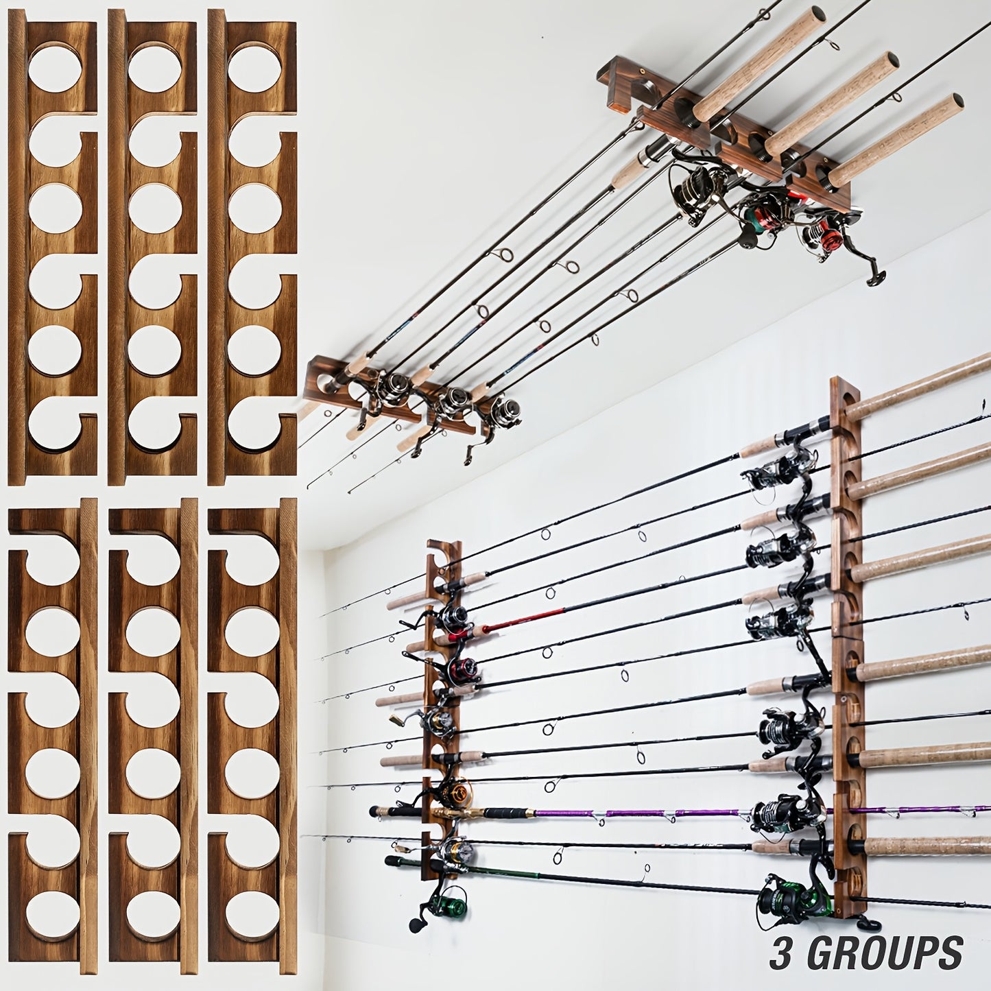 Ghosthorn Premium Wooden Fishing Rod Rack - Holds 12 Rods, Wall/Ceiling Mounted, Ideal for Garage Storage & Organization, Perfect Gift for Anglers on Christmas, Father's Day, Valentine's - Sleek Brown, Fishing Rod Storage