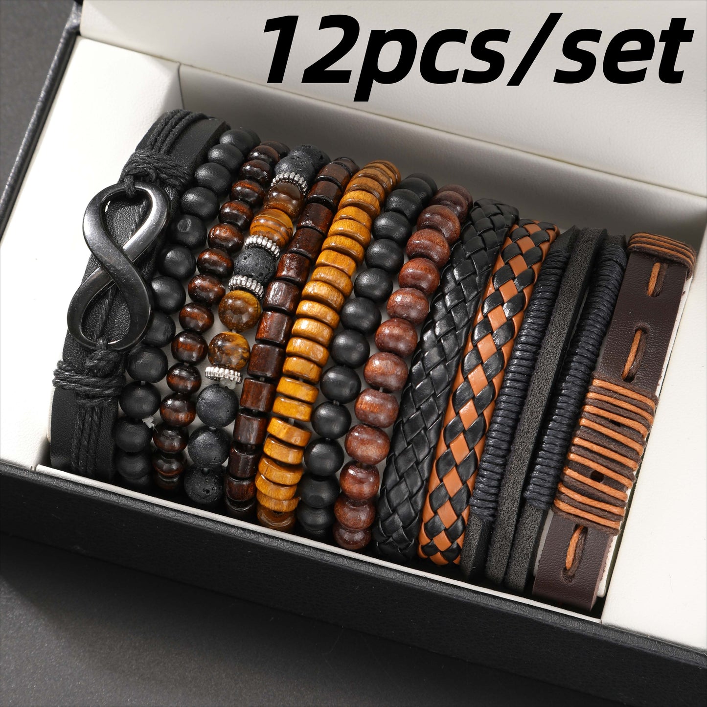 12pcs Vintage Men'S Bracelet Set - Braided Leather, Tiger Eye & Moonstone Beads, Synthetic Fiber Rope, Fashion Jewelry for Casual & Party Wear