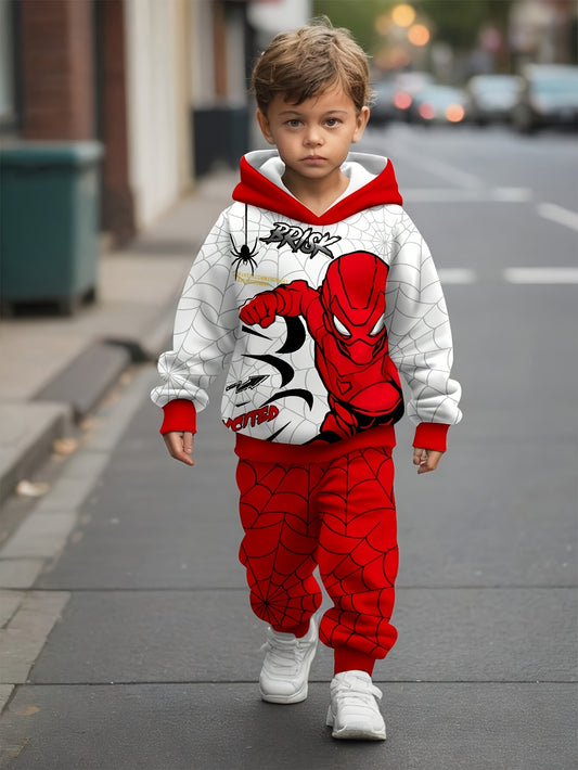 1set Boys' Spider Pattern Hoodie and Pants Set, Polyester and Spandex Knitwear, Casual Animal Print, Round Neck, Stretch Fit, with Spider Pattern for Autumn/Winter