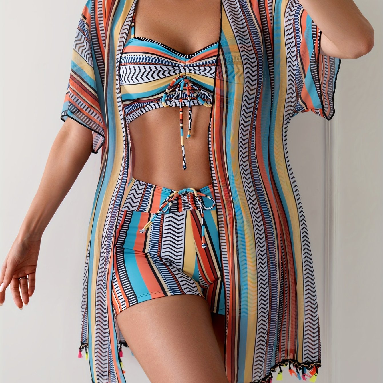 Women's Striped Bikini Swimsuit with Cover-up 3 Piece Set