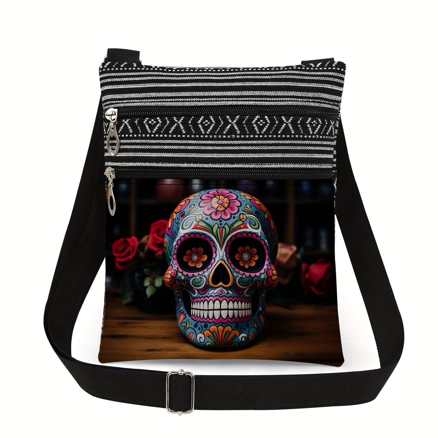 Stylish Skull Print Crossbody Bag with Adjustable Black & White Striped Strap - Durable Polyester, Handwash/Dry Clean, Ideal for Daily Commute, Small Crossbody Bag