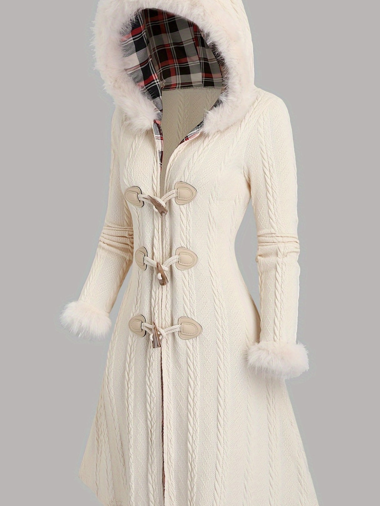 1pc Y2K Style Women'S Hooded Knit Coat, Polyester Long Coat with Faux Fur Trim, Cable Knit Pattern, Plaid Lining, Horn Button Closure, Fall/Winter Fashion