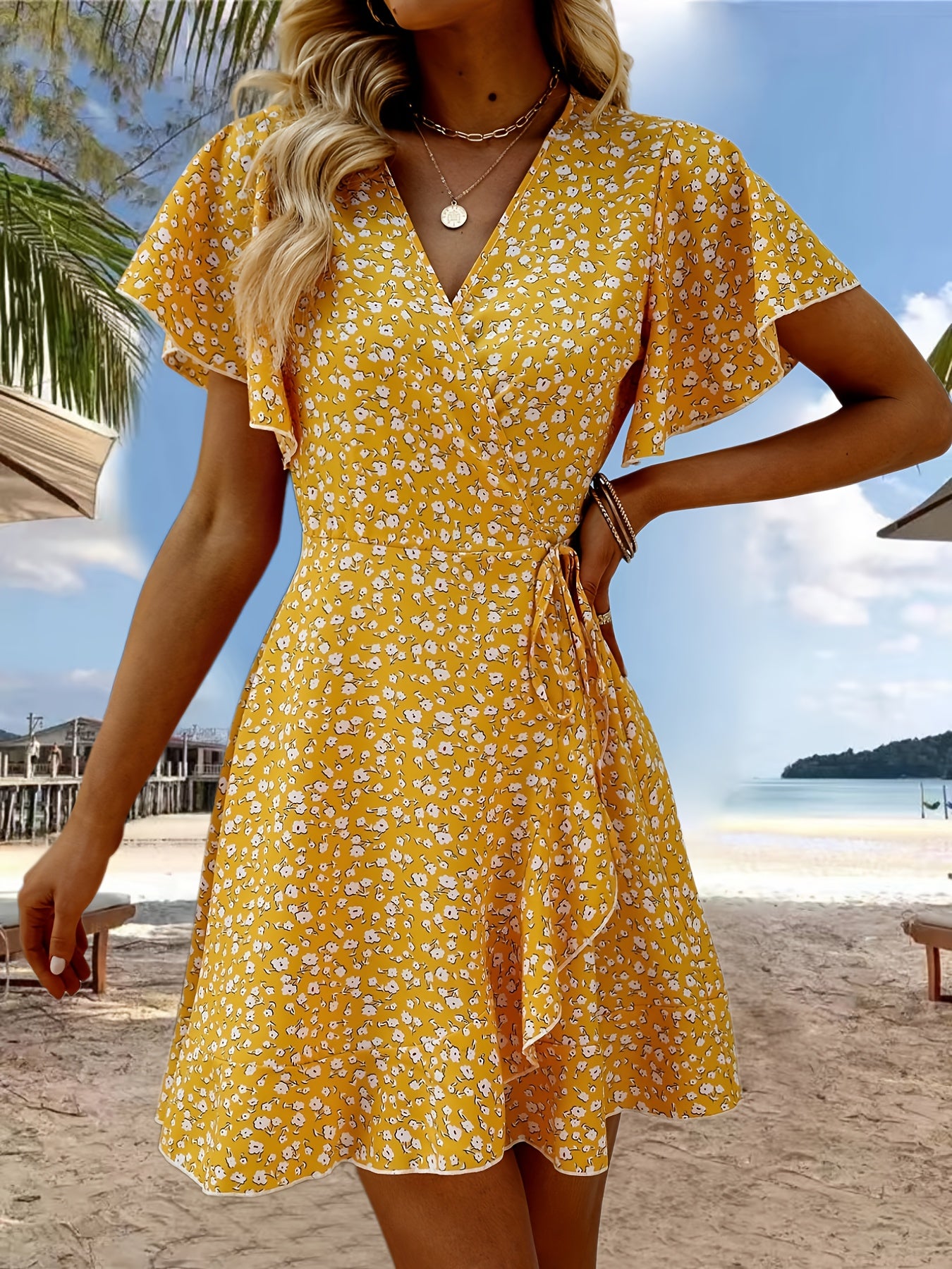 Vibrant Floral Print Ruffle Hem Wrap Dress - Short Sleeve, V-Neck, Sexy, Flowy, Spring & Summer Essential - Women's Clothing for Chic Ladies