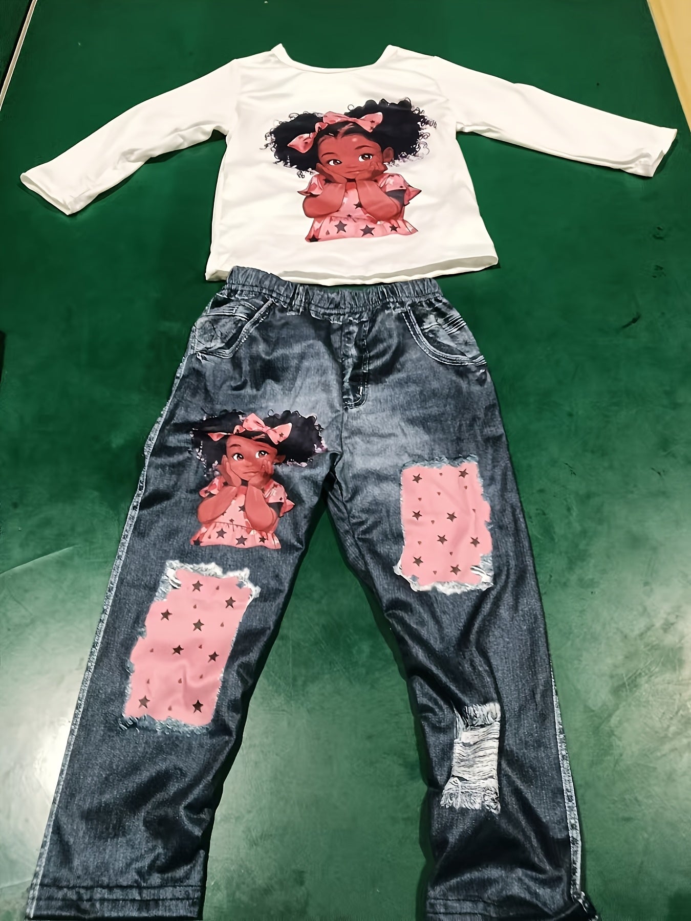 2Pcs Sweet Doll Print Suit Girl's outdoor Long-Sleeve Top + Imitation Denim Effect Leggings Set - Spring & Fall Clothes, Casual Outfits Holiday Sports Gift