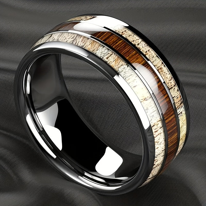 1pc Silvery-Toned Mens Stainless Steel Ring with Authentic Wood GrainInlay - Fashionable Engagement/Wedding Jewelry for Timeless Style