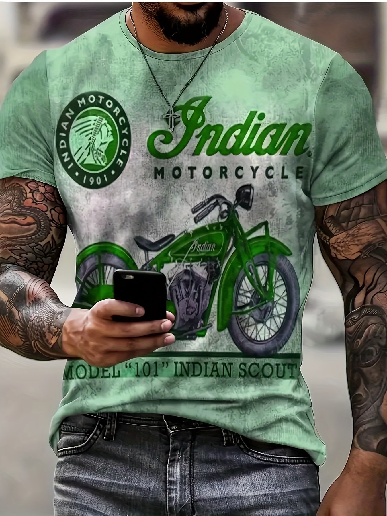 Men's Stylish And Retro Style Motorcycle Pattern And Alphabet Print T-shirt With Crew Neck And Short Sleeve, Fashionable Sports Tops For Summer Outdoors Activities