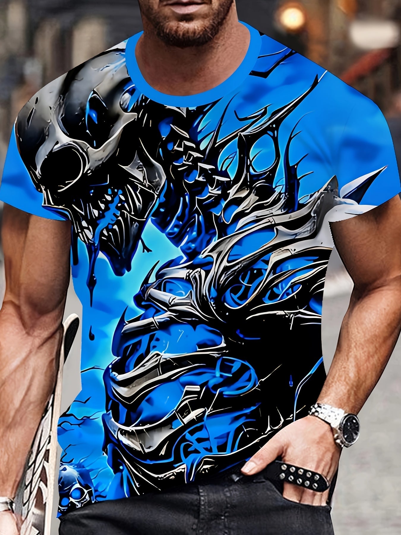 Men's 3D Skull Print T-Shirt, Casual Crew Neck Short Sleeve Tee, 100% Polyester Knit Fabric, Regular Fit Fashion Top