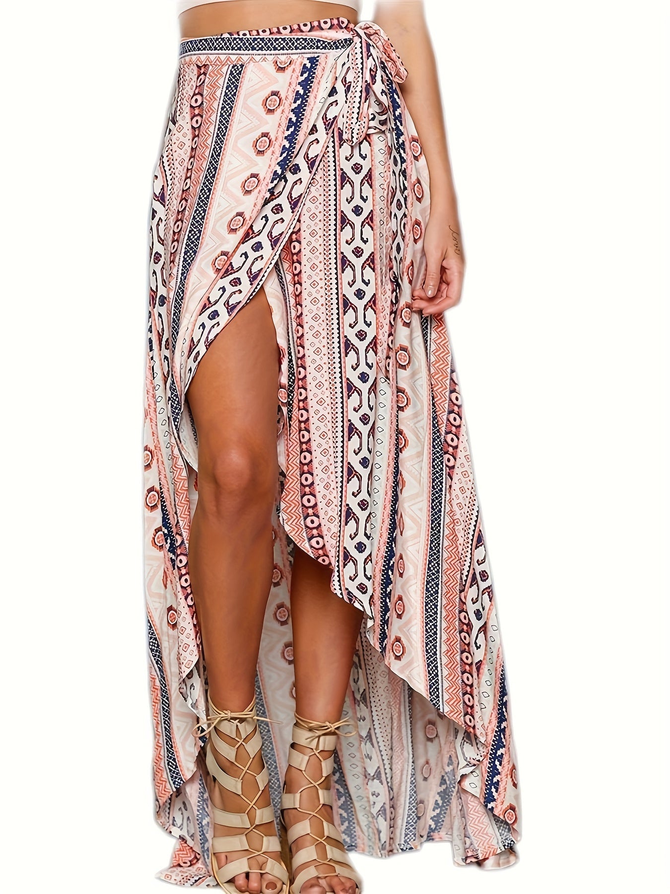 [Boho Print Maxi Skirt] High Waist Boho Print Maxi Skirt - Asymmetric Hem Side Wrap Long Skirt for Women