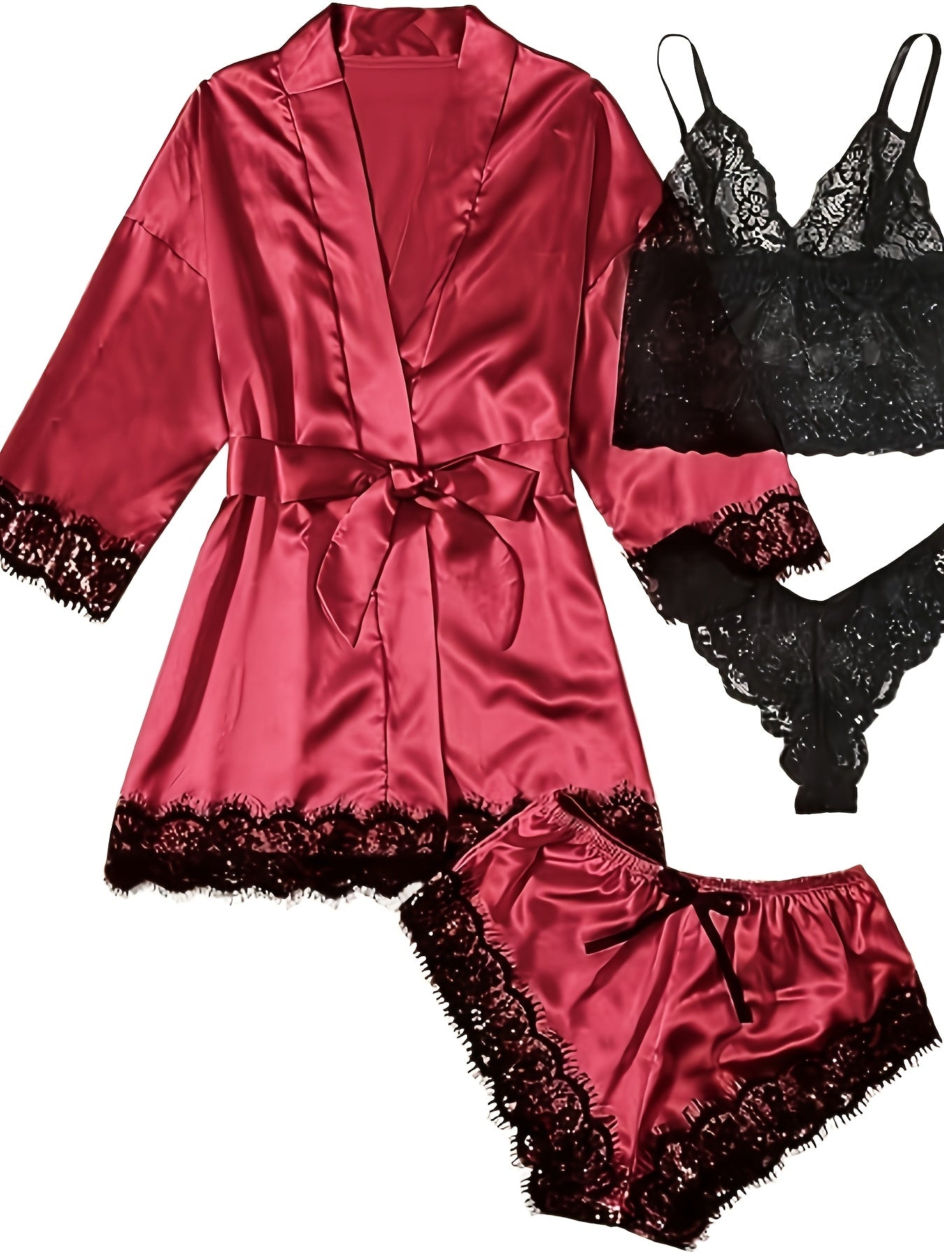 Women' Silk Satin Pajamas Set 4pcs Lingerie Floral Lace Cami Sleepwear with Robe Four-piece Pajamas Sexy Plus Size Robe Overall Dress Set Homewear