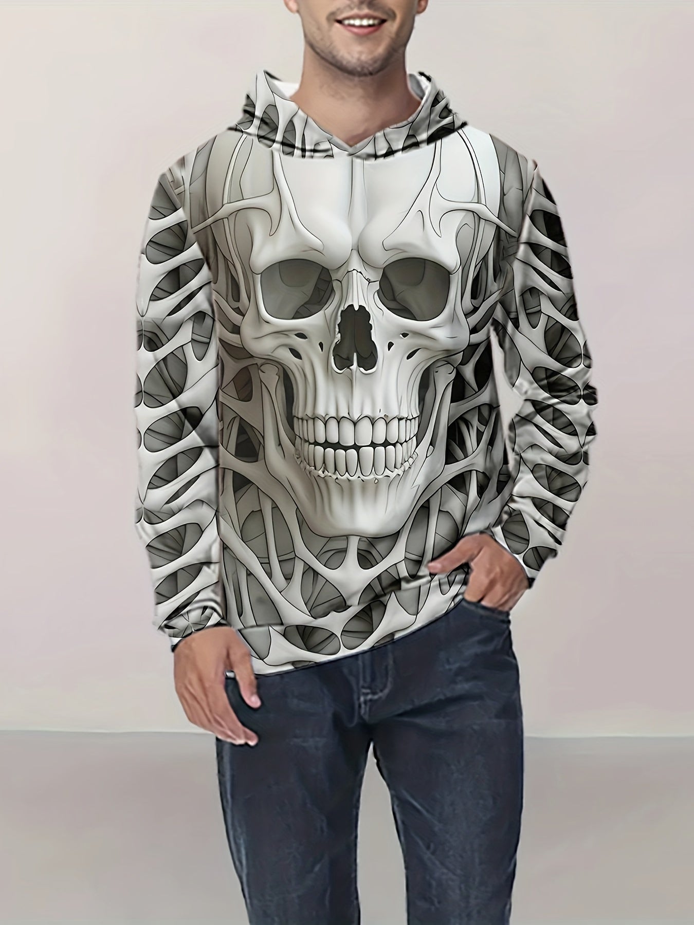 Men's Skull Graphic Print Hoodie, Casual Long Sleeve Hooded Sweatshirt For Outdoor